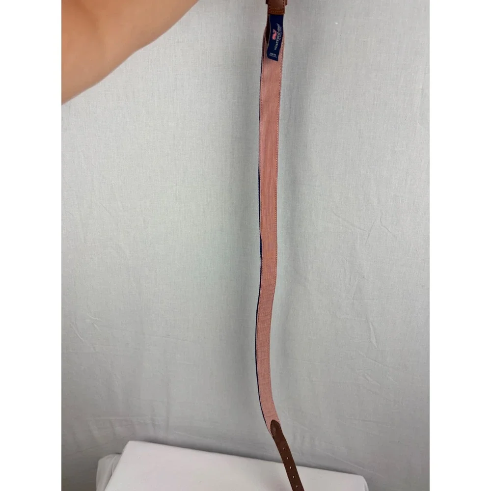 Vineyard Vines Mens Blue Fishing Boat Embroidered Canvas Belt Leather Trim 30